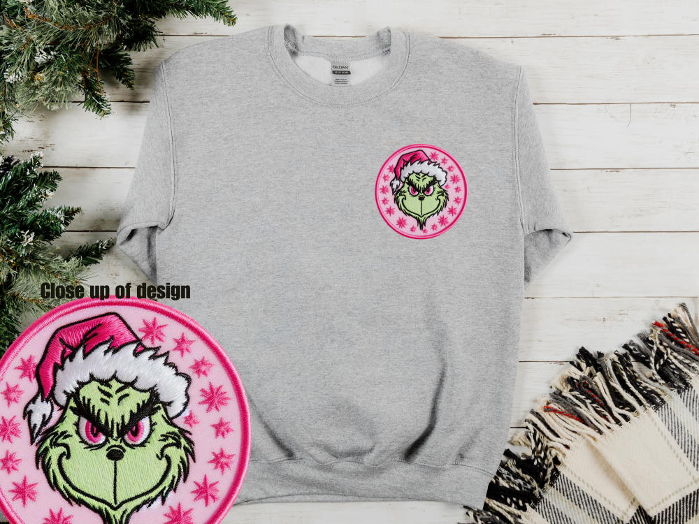 Pink Grinch Faux Patch Crewneck Sweatshirt