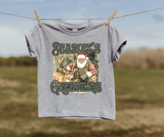 Seasons Greetings Hunting Santa Kids T-shirt