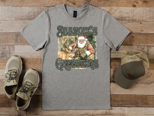 Seasons Greetings Hunting Santa T-shirt